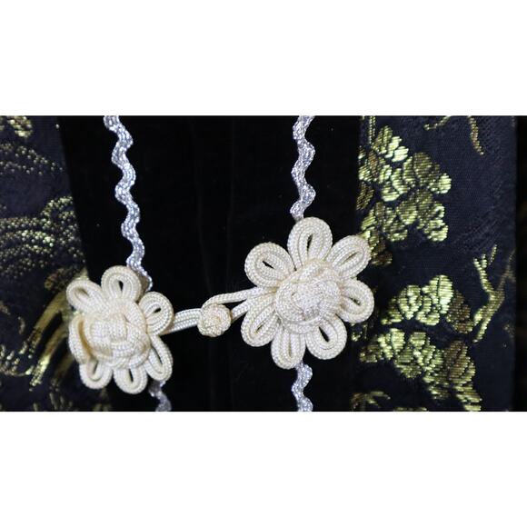 Vintage Gold and Black Japanese Kimono Jacket Metallic Velvet Mandarin Collar M - Picture 2 of 9